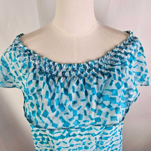 Michael Kors Blue Patterned Off-Shoulder Top Medium Cotton Silk Blend - Picture 2 of 9